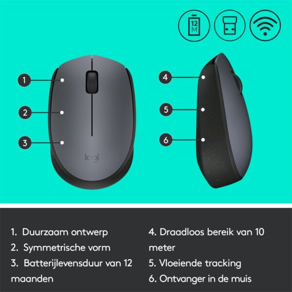 Logitech M170 | Draadloze Muis | Links- en Rechtshandig | RF | 1000 DPI | Grijs