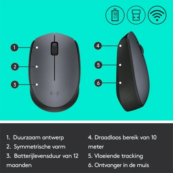 Logitech M170 | Draadloze Muis | Links- en Rechtshandig | RF | 1000 DPI | Grijs