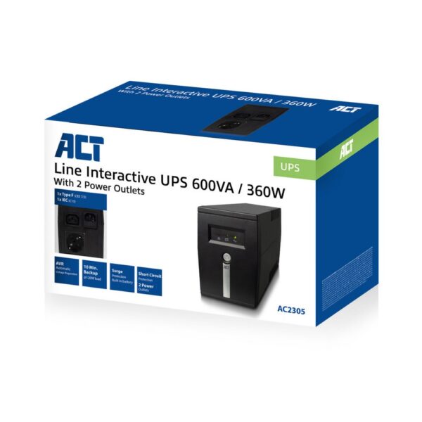 ACT AC2305 Line-Interactive UPS | 600 VA | 2 Stopcontacten (1x C13, 1x Type F) | AVR Spanningstabilisatie | Bescherming tegen Stroomstoringen