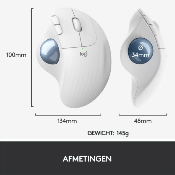 Logitech M575 Ergo Trackball | Ergonomische Draadloze Muis | Rechtshandig | RF + Bluetooth | 2000 DPI | Wit