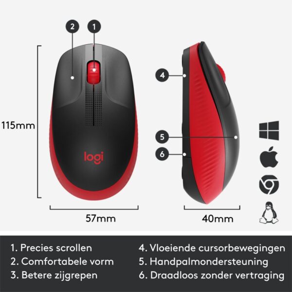 Logitech M190 | Draadloze Muis | Links- en Rechtshandig | RF | 1000 DPI | Zwart/Rood