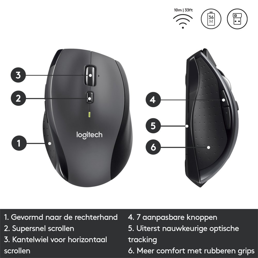 Logitech Marathon M705 | Draadloze Muis | Rechtshandig | RF | 1000 DPI | Zwart - Image 8