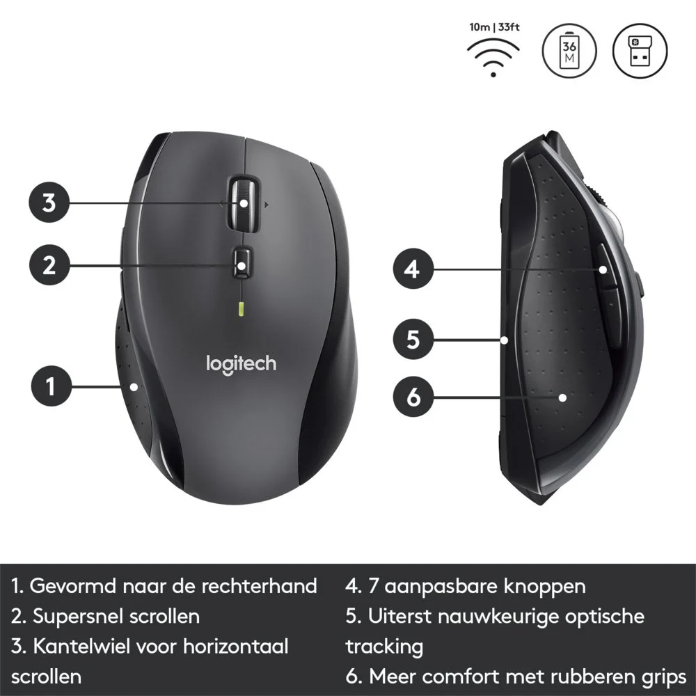 Logitech Marathon M705 | Draadloze Muis | Rechtshandig | RF | 1000 DPI | Zwart - Image 8