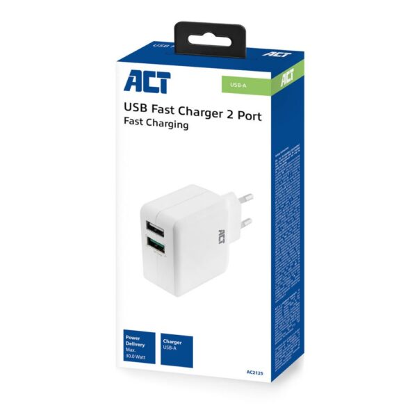 ACT AC2125 | Fast Charge Dual USB-A Oplader 30W | Wit