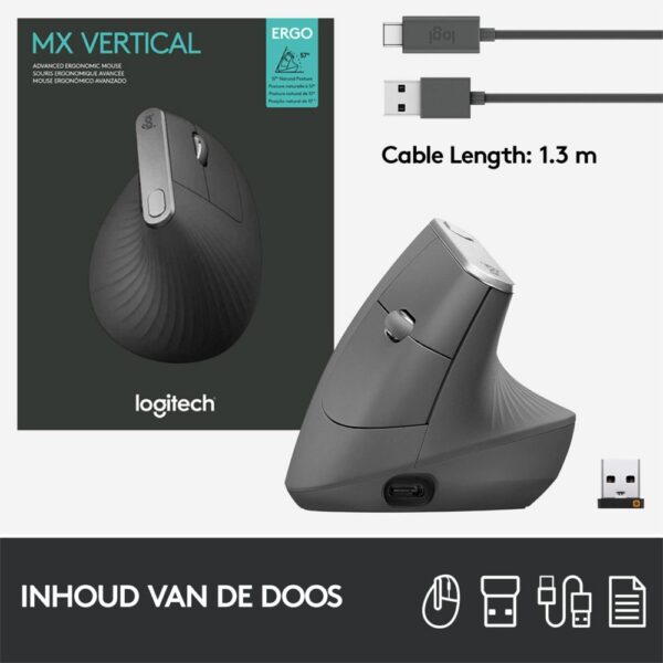 Logitech MX Vertical | Draadloze Ergonomische Muis | Rechtshandig | RF + Bluetooth + USB-C | 4000 DPI suggestie | Grafiet