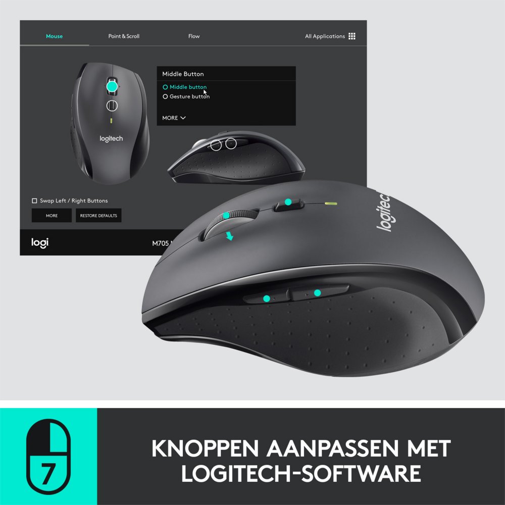 Logitech Marathon M705 | Draadloze Muis | Rechtshandig | RF | 1000 DPI | Zwart - Image 6