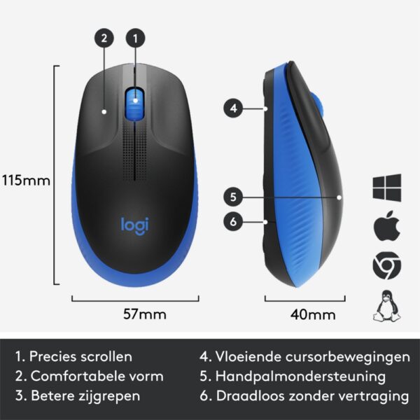 Logitech M190 | Draadloze Muis | Links- en Rechtshandig | RF | 1000 DPI | Zwart/Blauw