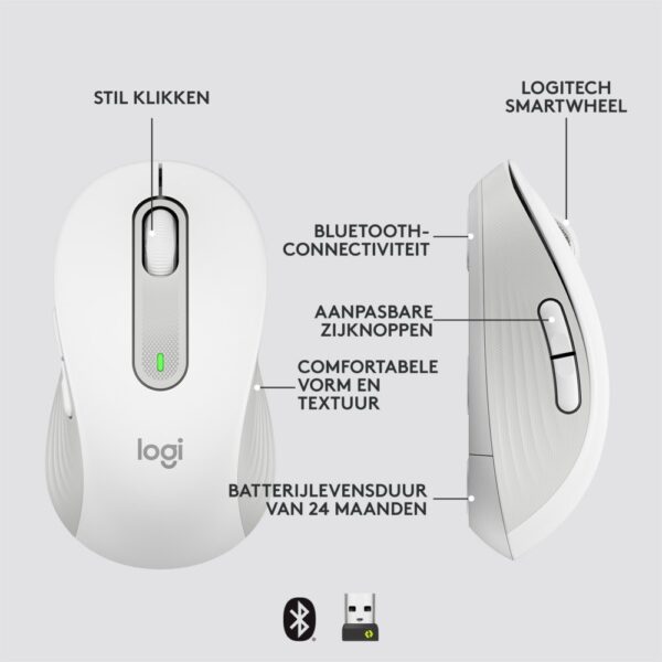 Logitech Signature M650 | Draadloze Muis | Rechtshandig | RF + Bluetooth | 2000 DPI | Wit
