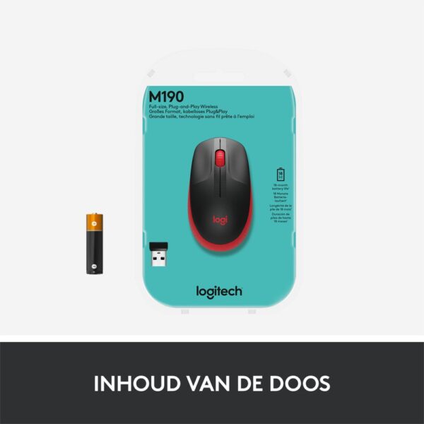 Logitech M190 | Draadloze Muis | Links- en Rechtshandig | RF | 1000 DPI | Zwart/Rood