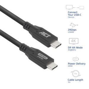 ACT | USB4 Kabel | 20Gbps | 240W | USB-C naar USB-C | 1m | Zwart