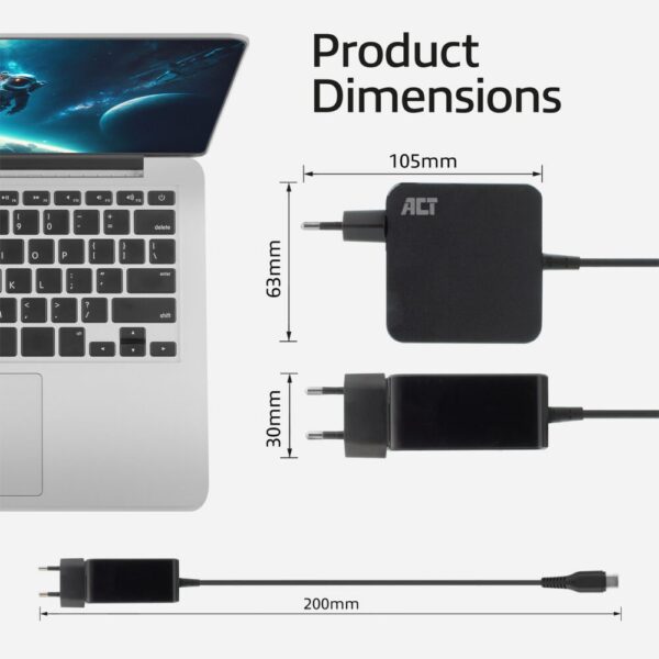ACT AC2010 | Universele USB-C Notebook Lader | 65 Watt PDP | 2 Meter
