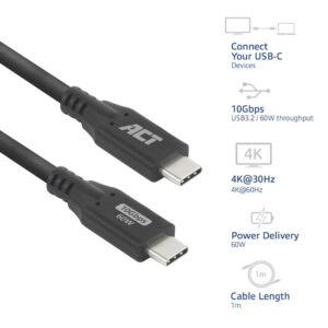 ACT | USB 3.0 Kabel | 10Gbps | 60W | USB-C naar USB-C | 1m | Zwart