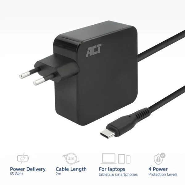 ACT AC2010 | Universele USB-C Notebook Lader | 65 Watt PDP | 2 Meter